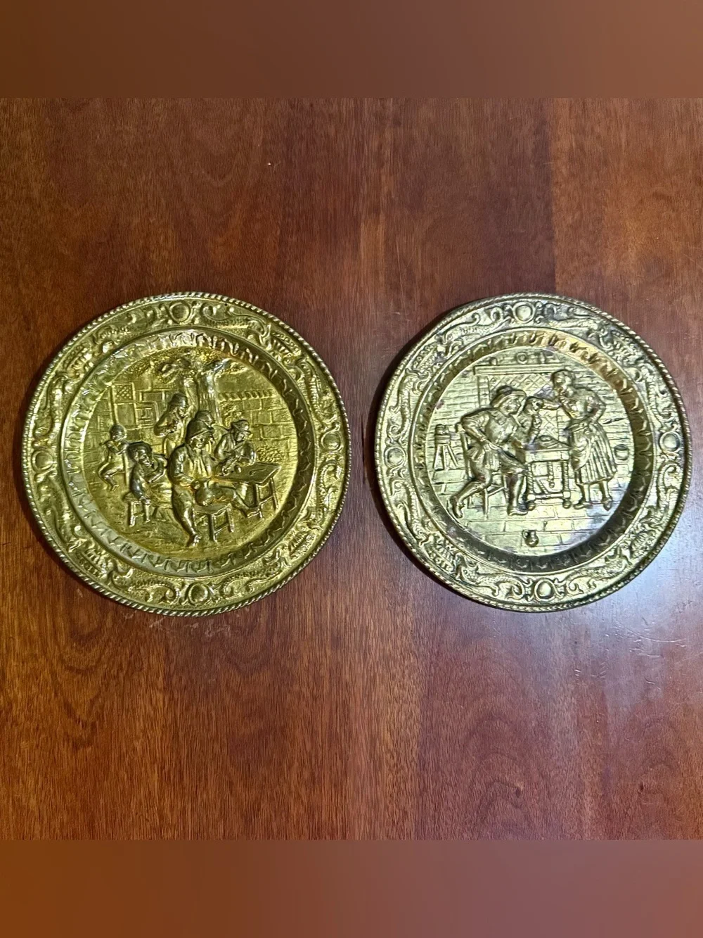 Vintage Peerage Brass Embossed Wall Plate Tavern Scenes (2pc)